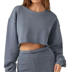 Sudadera corta transpirable de peso pesado con lavado ácido para mujer, Jersey de algodón de manga larga con diseño personalizado desgastado - Product Image 2