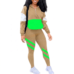 Conjunto Deportivo para Mujer con Bloques de Color, Sudadera con Capucha de Manga Larga y Media Cremallera, con Leggings, Transpirable, Estilo Otoñal - Product Image 5