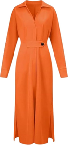 เดรสแม็กซี่สีส้มแฟชั่นสำหรับผู้หญิงเสื้อเชิ้ตสไตล์คอวีคาดแขนยาวติดกระดุมด้านหน้าเครื่องแต่งกายหรูหราผ่อนคลาย - Product Image 2