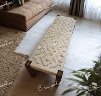 Banc ottoman élégant en osier avec dessus en macramé tricoté et incrustations en os, écologique, léger, gain de place, pour appartement, ferme, parc