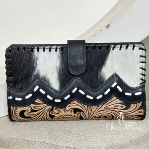 Cartera Larga de Cuero Vacuno con Pelo, Estilo Vintage Occidental para Mujer, con Diseño Floral en Cuero Repujado a Mano, Cartera de Cuero Hecha a Mano - Product Image 1