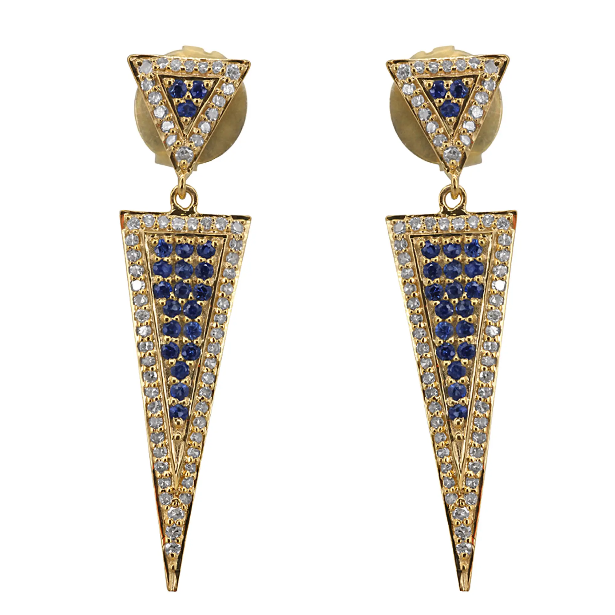 Boucles d'oreilles pendantes en forme de flèche avec diamant véritable design vintage 18 carats or jaune massif bleu saphir fait à la main fabricant de bijoux fins