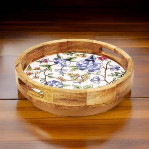Prix de gros Plateau rond en bois de manguier pour petit-déjeuner Plateau en bois émaillé imprimé floral pour restaurants hôtels - Product Image 6