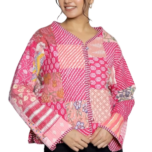 Manteau d'hiver matelassé unisexe fait à la main soie Sari Patchwork veste avec lettre motif veste d'hiver courte cadeau de noël - Product Image 1