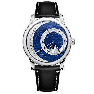 Montre mécanique à phases lunaires, calendrier rétrograde automatique, bracelet en <span class=keywords><strong>cuir</strong></span> suédé vintage, logo personnalisé, montre-bracelet OEM ODM, usine - Product Image 2