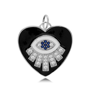 Émail noir coeur breloque forme d'oeil en gros fait à la main turc 925 bijoux en argent Sterling avec trou 7 mm - Product Image 4