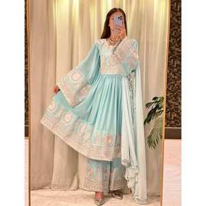 Belle nouvelle robe de costume tribal Afghani Kutchi pour femmes dentelle volants fleurs couleur bleue genou-longueur col en v à lacets dos formel - Product Image 4