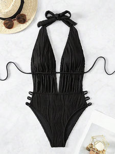 Traje de baño de una pieza con escote en V profundo sólido personalizado de alta calidad para mujer Sexy Halter sin espalda Bikini de cintura alta y ropa de playa - Product Image 2