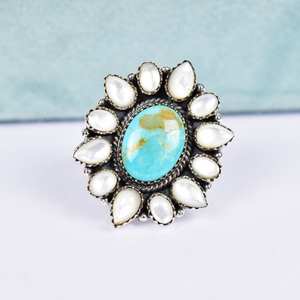 Anillo de declaración ajustable de Plata de Ley 925 con ajuste de bisel de corte ovalado de perla turquesa hecho a mano para fiesta de mujer - Product Image 1