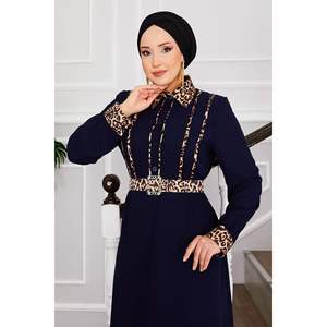 Robe de carrière bleu marine avec col de chemise à motif léopard et hijab à la mode pour le bureau - Product Image 3