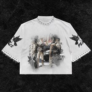 Oversized <b>White</b> Crop T-Shirt With Photo Print Design Street Style Short Sleeve Men's Jersey Cotton O-Neck Graphic Tee - Product Image 1