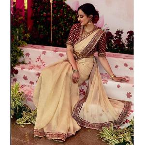 Sari de Sarga Suave Banarasi con Lentejuelas y Bordado de Encaje Dori para Mujer de la India - Product Image 1