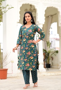 Ensemble Salwar Kameez pour femmes, imprimé floral ethnique vert sarcelle, en coton, pour les fêtes d'été, avec col en V et manches trois quarts - Product Image 2