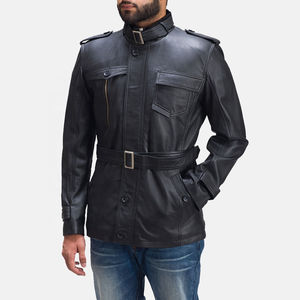 Chaqueta de cuero negra personalizada para hombre con bolsillos y cinturón Chaqueta de cuero para hombre Mangas de cuero personalizadas completamente personalizadas - Product Image 2