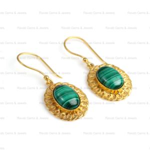 Plaqué or 18 carats belle lunette en malachite verte naturelle de 10x12mm fine boucles d'oreilles ovales pour femmes faites à la main - Product Image 2