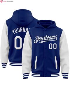 Bomber blanc royal de haute qualité Full-Snap Varsity deux tons manteau décontracté capuche coton remplissage pour automne hiver veste à capuche - Product Image 1