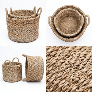 Ensemble de paniers de rangement en écorce de bananier naturelle, tressage épais, forme cylindrique, avec poignée en arche, pot de rangement, pot à linge, décoration artistique pure pour la maison - Product Image 2