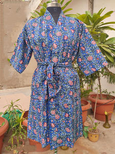 Batas azules hechas a mano Kantha, Súper suaves, ligeras, de tamaño de felpa, batas de algodón para mujer, ropa de dormir forrada de alta calidad para mujer - Product Image 2