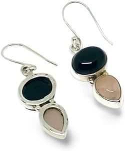 Pendientes de Mujer con Cuarzo Rosa Natural y Ónix Negro, Joyería Hecha a Mano para Compromiso o Boda, Plata de Ley 925 - Product Image 3