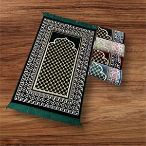 Tapis de prière rectangulaire en velours de polyester antidérapant avec dos en polypropylène, 520g, 70x110cm, fabriqué à la machine, frangé, conteneur compressé - Product Image 4