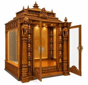 Luxury Handcrafted Traditional Design Durable Hindu Prayer Temple Cabinet Hand Carved Pooja <b>Mandir</b> Elephant Pillars Custom Wood - Product Image 5