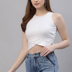 Women's <b>White</b> <b>Crop</b> <b>Top</b> Sleeveless Knitted Solid Color O-Neck Slim Fit Casual Spring Summer Spandex Cotton Breathable - Product Image 2