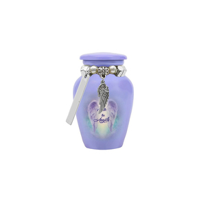Urne funéraire en forme d'ailes d'ange violettes avec breloque en argent et perles pour le stockage des cendres d'un adulte - Product Image 1