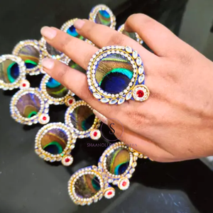 Anillos ajustables Kundan hechos a mano, anillos de pavo real de diseñador, anillos Kundan con estampado de Bandhani para fiesta de boda, Hldi ,mehendi Wear - Product Image 3