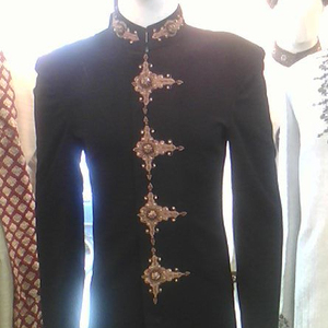 2022 MAROON SHERWANI DRESS on Velvet Fabric with Gold Zardozi Embroidery Plus Size Party-Wear Wedding Dress with Matching Shoes - Product Image 1