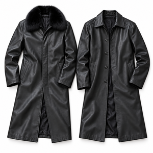 OEM <b>Men's</b> Long Faux Leather Trench Coat <b>Winter</b> Fleece Lined Single Breasted Button <b>Overcoat</b> Custom - Product Image 3