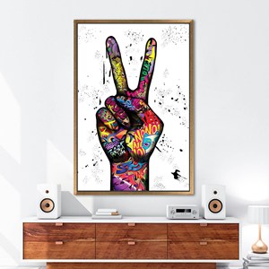 Lienzo Impreso: Arte de Graffiti con Dedos en Posición de Paz - Decoración de Pared Abstracta Moderna, Enmarcado en Dorado - Product Image 1