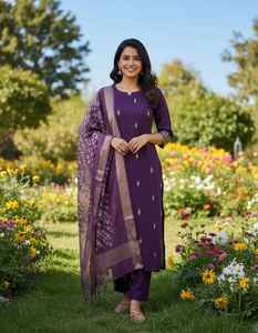 Vêtements décontractés en soie romaine avec broderie Kurti Pant et Dupatta Fabricant et fournisseur de mode féminine de Surat - Product Image 3
