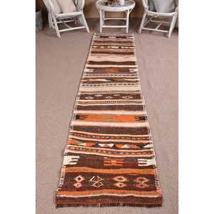 Turkish <b>Runner</b> <b>Rug</b> 2.4x10.4 ft (74x318 cm), Kilim Brown Ikat Vintage <b>Rug</b> - Product Image 1