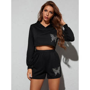 Women's Sportswear 2-Piece Set High Waisted Long Sleeve Drawstring Crop Tops Pullover <b>Hoodies</b> & Shorts Light Knitted <b>Cute</b> Style - Product Image 4