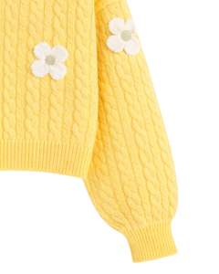 Cardigan en tricot torsadé jaune pastel personnalisé pour femme, avec applique florale blanche, col en V, boutonné devant, mignon pour l'hiver - Product Image 6