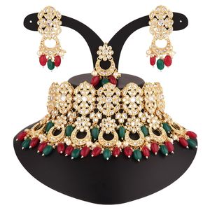 Joyería tradicional india Perla de imitación floral antigua Kundan Choke Pendiente de Boda nupcial con juego de Maang Tikka, multicolor - Product Image 3
