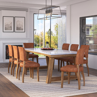 Ensemble de table à manger moderne rustique européen en teck massif 9 pièces, luxe, personnalisé, 8 chaises en cuir, plateau en marbre, meubles pour la maison