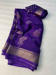 ผ้าส่าหรีผ้าไหมหนาสำหรับผู้หญิงสวยที่มีขอบบุสองสีแบบทอ - Product Image 5