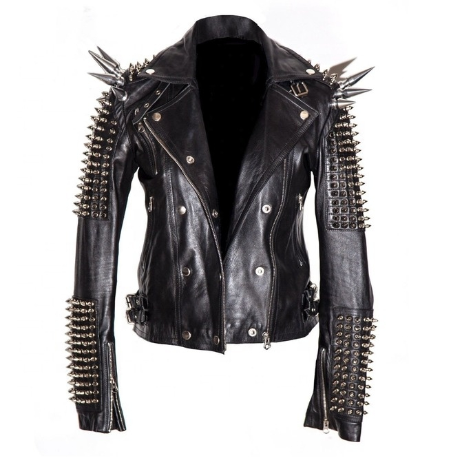 Gothic Black Farbe Lederjacken mit langen Spikes Metall mode Punk Style Club Handgemachte Mode Biker Jacken angepasst