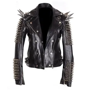 Gothic Black color Leather Jackets with long Spikes metal fashion Punk Style Club Hand made Fashion Biker Jackets customized