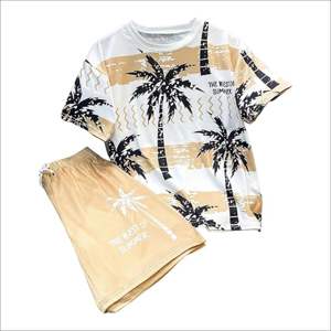 เสื้อและกางเกงขาสั้นผ้าคอตตอนระบายอากาศของผู้ชายชุดเสื้อผ้าสองชิ้นสำหรับฤดูร้อนพิมพ์โลโก้ตามสั่ง - Product Image 1