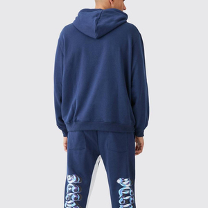 Conjunto de Sudadera con Capucha Azul Marino para Hombre, Corte Holgado, Forro Polar, Estampado de Letras, Chándal Informal con Bolsillo, Ropa de Otoño - Product Image 2