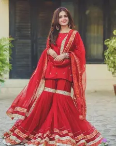 Vestido de fiesta indio de alta calidad, traje de diseñador rojo SHARARA PALAZZO SALWAR, venta al por mayor, tela GEORGETTE