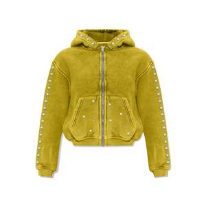Vintage Streetwear Y2K Strass Français Terry Acide Lavé Soleil Délavé Lourd Zip Up Personnalisé Sweat À Capuche Surdimensionné Pour Hommes - Product Image 4