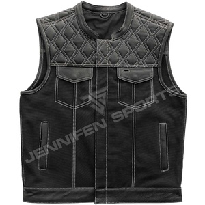 Chaleco de Motociclista Personalizado para Hombre, en Cuero Negro y Tela de Pana con Corte de Diamante y Bolsillos, Nuevo Chaleco de Cuero Vacuno OEM para Motociclismo en Invierno - Product Image 1