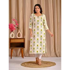 Vestidos Kurti Rectos de Algodón y Yute con Estampado Butta Blanco y Verde, Transpirables, con Elementos de Moda Sencillos - Product Image 3