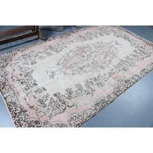 Tapis turc, grand tapis vintage 5,4x9,2 pieds, tapis rayé blanc et marron - Product Image 2