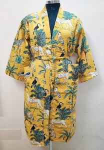 Kantha Kimono Robe Algodón Mujer Kantha Edredón Chaqueta abierta Kimono con bolsillos laterales y cinturón de algodón Kimono largo Baño Jungle Print - Product Image 2