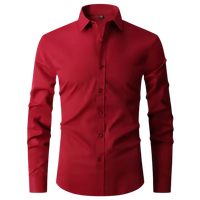 Kemeja Pria Slim Fit Berkualitas Tinggi Bahan Poplin Bernapas Model Stand Spring Grosir Logo Kustom Kancing Depan Lengan Panjang Warna Merah Solid