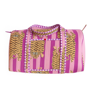 Sac de voyage décontracté matelassé en coton, grande capacité, durable, luxueux, écologique, pour le week-end, bagages de sport, fermeture éclair, imprimé tigre violet - Product Image 1